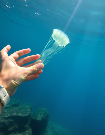 jellyfish in the deep blue sea with hand in a gloveの写真素材