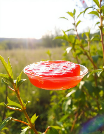 Jelly in a transparent bowl on a background of green grass.の写真素材