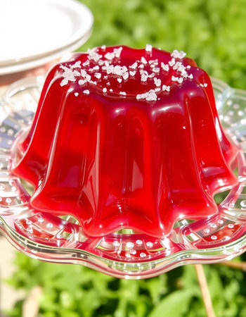 Red jelly with sugar on a glass stand on a background of green grassの写真素材