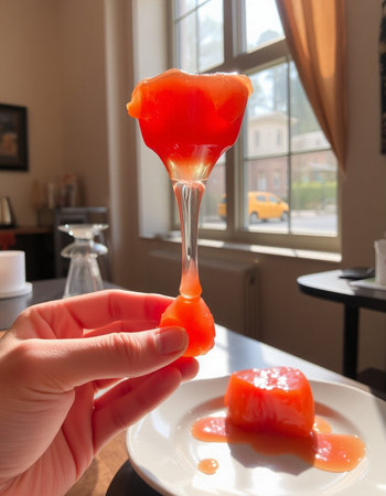 A woman's hand holds red jelly in a glass of watermelon.の写真素材