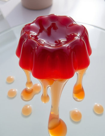 Jelly pudding with sweet syrup on a white plate, close up