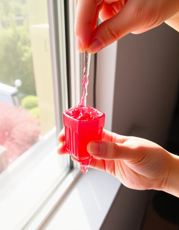 Child's hand pours a drink from a red plastic cup.