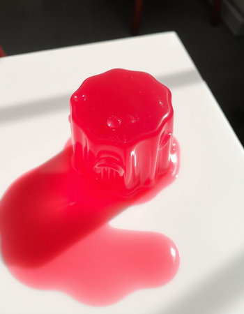 Red jelly in the form of a bear on a white plate.の写真素材