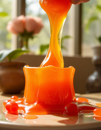 Pouring orange jelly into a glass candlestick, close-up
