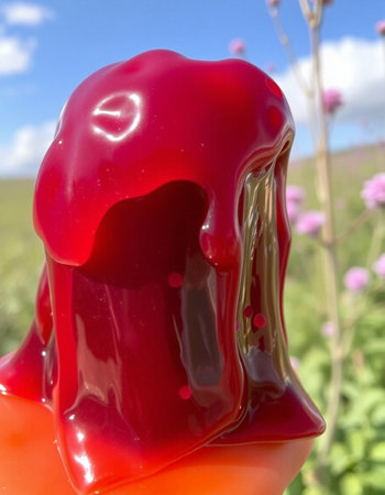 Red jelly candies on a background of green grass and blue skyの写真素材