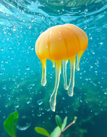 Yellow jellyfish floating in the water with air bubbles and blue backgroundの写真素材