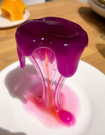 pink and purple jelly on a white plate, closeup of photo