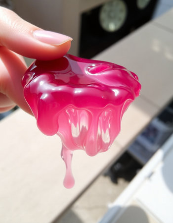 Woman's hand holding a pink nail polish in the form of a heart