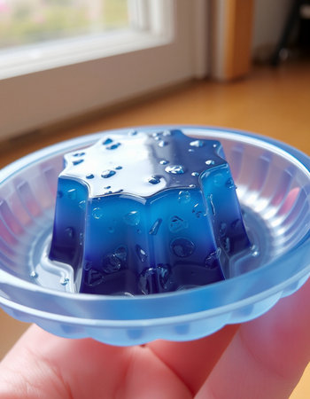 Blue jelly in hand on the background of the window, close-upの写真素材