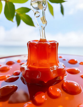 Honey dripping from a spoon into a bowl of red honey on the beach