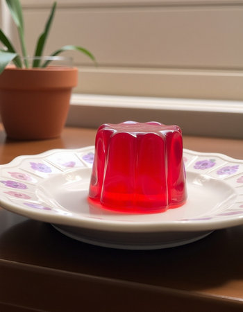 Red jelly on a white plate and a plant in a pot.の写真素材