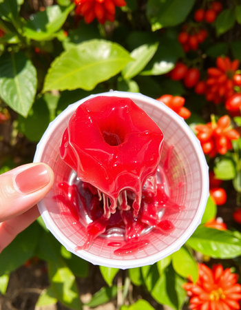 Red jelly in a plastic cup on a background of red flowers.の写真素材