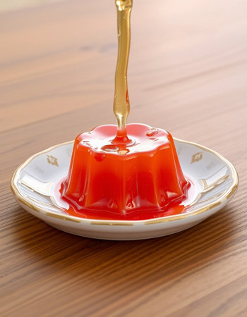 Panna cotta with red jelly on a plate on a wooden table