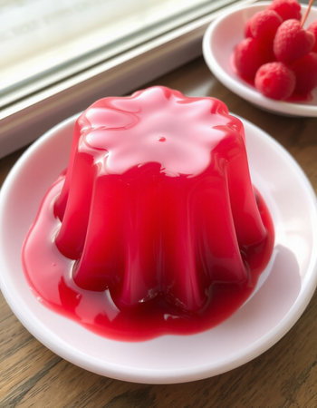 Red jelly pudding with raspberries on a white plate on a wooden tableの写真素材