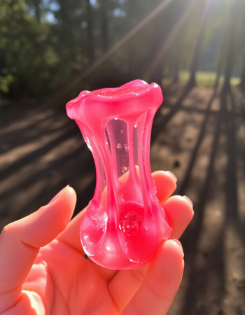 Female hand holding a pink object on the background of the forest.