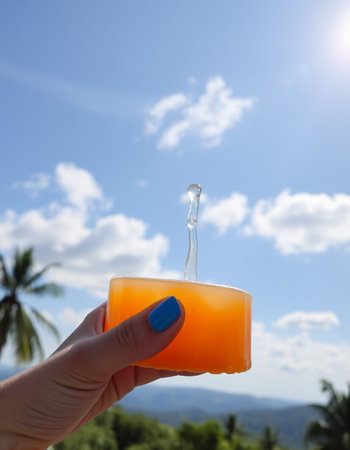 Female hand holding a glass of orange juice on the background of palm trees and blue skyの写真素材