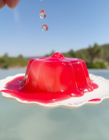 pink jelly on white plate on background of blue sky and seaの写真素材