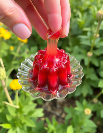Woman's hand holding a red jelly in the form of a flower