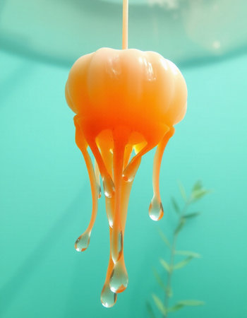 Honey dripping from an orange honey dipper on a blue backgroundの写真素材