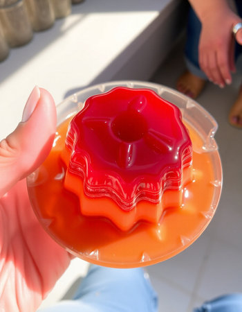 Jelly pudding with red jelly in female hands, close-upの写真素材