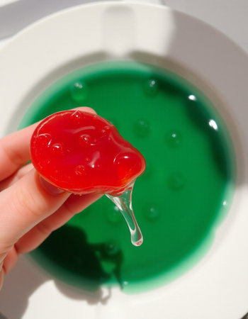 A woman's hand holding a red jelly on a white plate.の写真素材