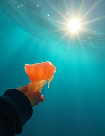 Jellyfish floating in the ocean with sun and blue water background