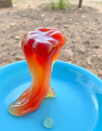 Colorful jelly on blue plate in the garden, closeup of photoの写真素材