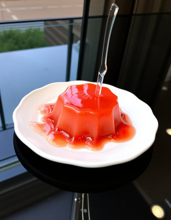 Strawberry jelly on a white plate with a spoon in the backgroundの写真素材