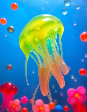 Colorful jellyfish floating in water with bubbles on blue background.の写真素材