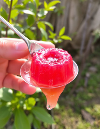 Fruit jelly in a spoon on a background of green grass.