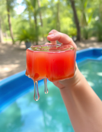 Watermelon juice in hand on the background of the swimming pool.