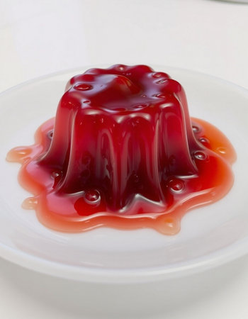 Jelly pudding with red jelly on a white plate on a white background