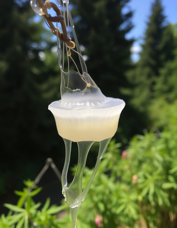 Close-up of a transparent object hanging in the garden.の写真素材
