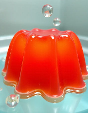 Red jelly with drops of water on a blue background. Close-upの写真素材