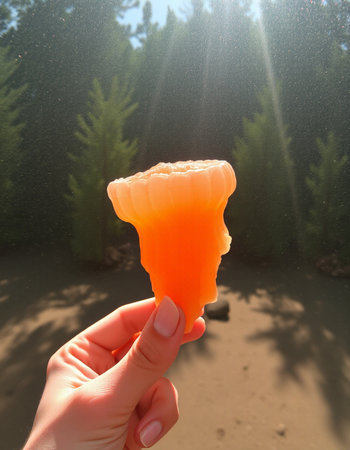 Orange ice cream in a hand on the background of the forest.の写真素材