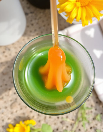 Honey dripping from a spoon into a glass of green tea.の写真素材