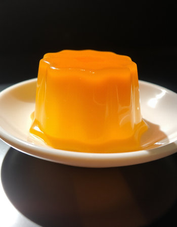 Pudding with orange jelly on a white plate on a black background
