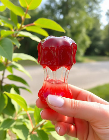Female hand holding a red jelly candy in the shape of a heartの写真素材