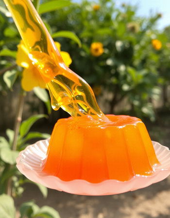 orange jelly with honey on a white plate on the background of the garden
