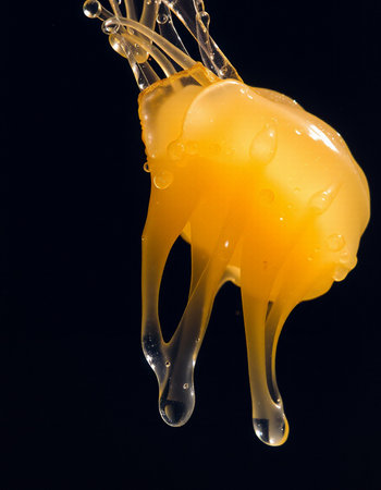 close up of a yellow liquid on a black background. macroの写真素材