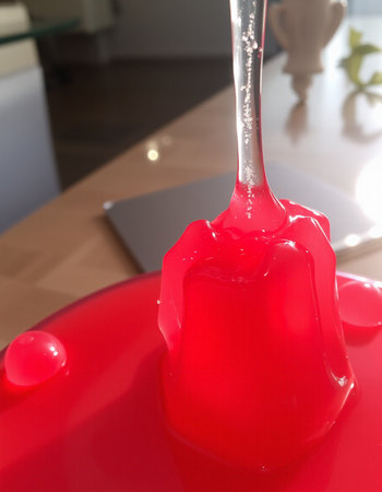 Pouring red jelly on a red plate, closeup of photoの写真素材