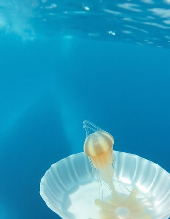 Jellyfish swimming in the blue ocean. Underwater shot.の写真素材