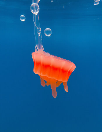 jellyfish floating in the water with bubbles on a blue backgroundの写真素材