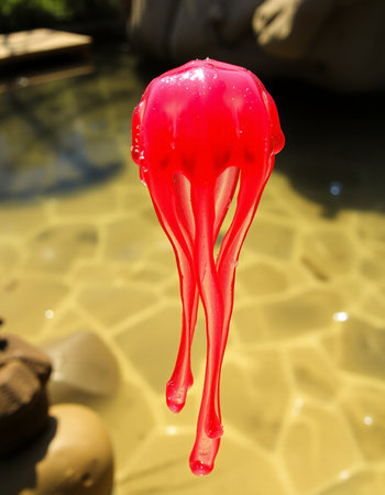 Red jellyfish floating in the pool, closeup of photo.の写真素材