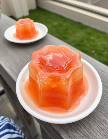 Jelly pudding on a terrace with green grass in the background