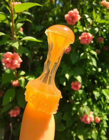 Orange juice in glass bottle on background of green rose bush and flowers
