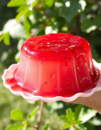 Red jelly in hand on a background of green leaves. Selective focus.
