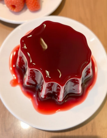 Strawberry jelly on a white plate, closeup of photo