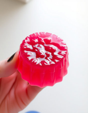 Red jelly candy in hand on white background, closeup of photo