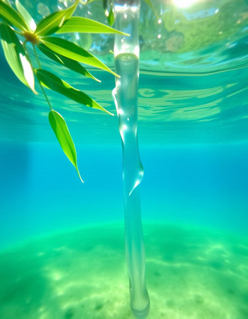 Bamboo in the water with green leaves in the background, underwaterの写真素材